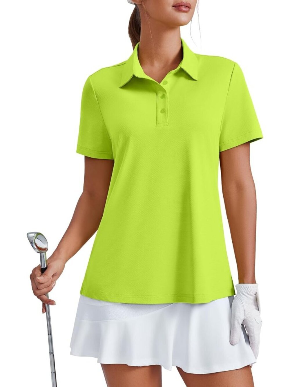 Womens Lime Green 4 Button Golf Polo UPF50+ Quick Dry Tennis Collared Relax Fit